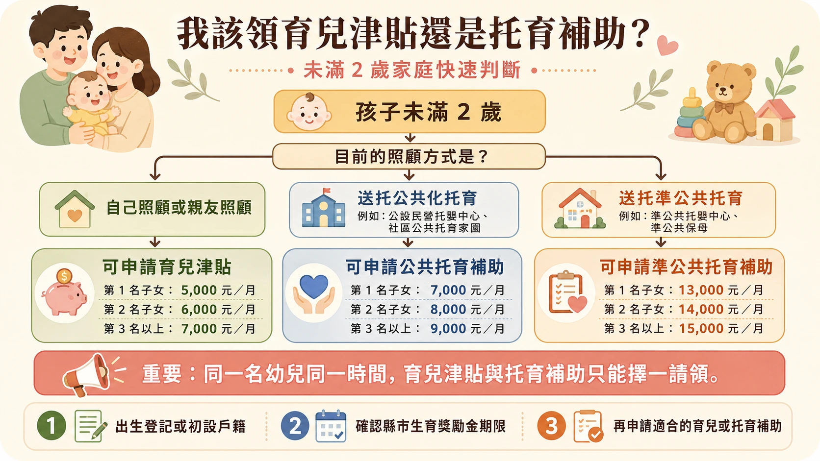 未滿兩歲家庭選擇育兒津貼、公共托育補助或準公共托育補助的判斷流程